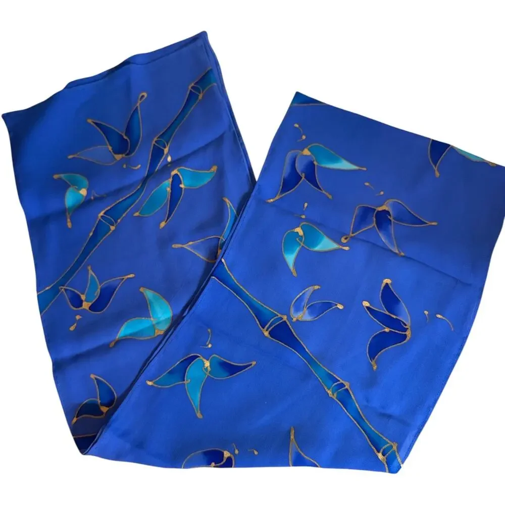 Hand Painted Silk Scarf Blue Gold Butterfly Bamboo Sash Wrap 66 x 10